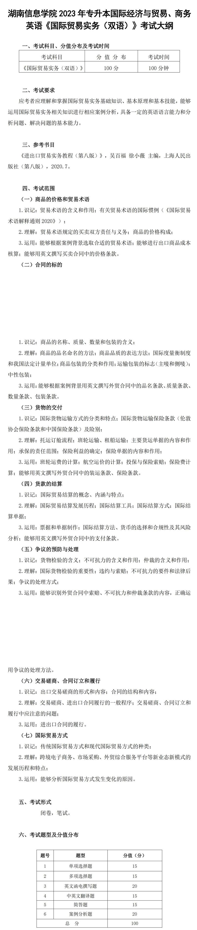 2023年湖南信息學(xué)院專升本國際經(jīng)濟與貿(mào)易專業(yè)《國際貿(mào)易實務(wù)（雙語）》考試大綱(圖1)