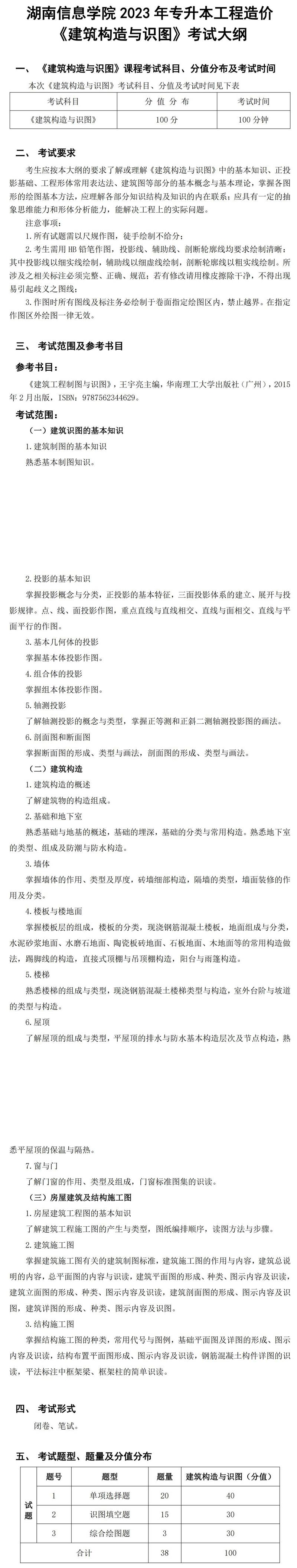 2023年湖南信息學(xué)院專升本工程造價(jià)專業(yè)《建筑構(gòu)造與識(shí)圖》考試大綱(圖1)