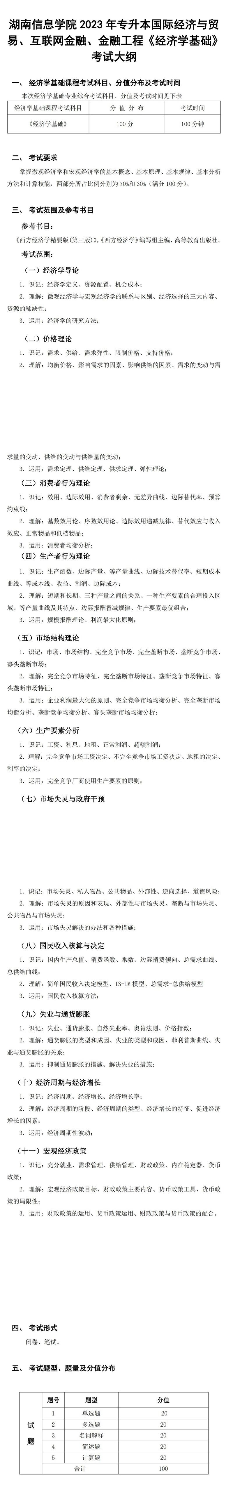 2023年湖南信息學(xué)院專升本金融工程專業(yè)《經(jīng)濟(jì)學(xué)基礎(chǔ)》考試大綱(圖1)