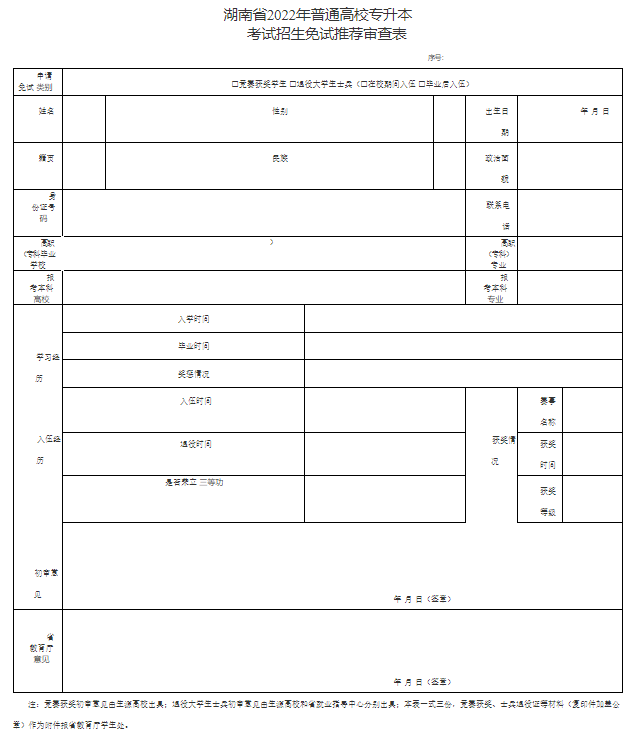 湖南省2022年普通高校專升本 考試招生免試推薦審查表