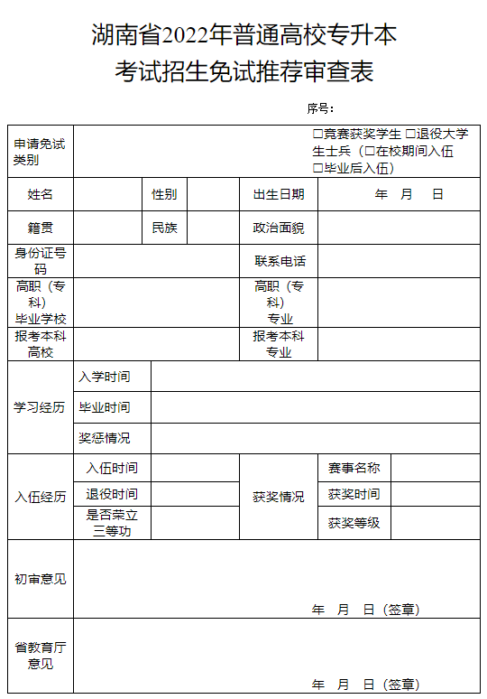 湖南省2022年普通高校專升本考試招生免試推薦審查表